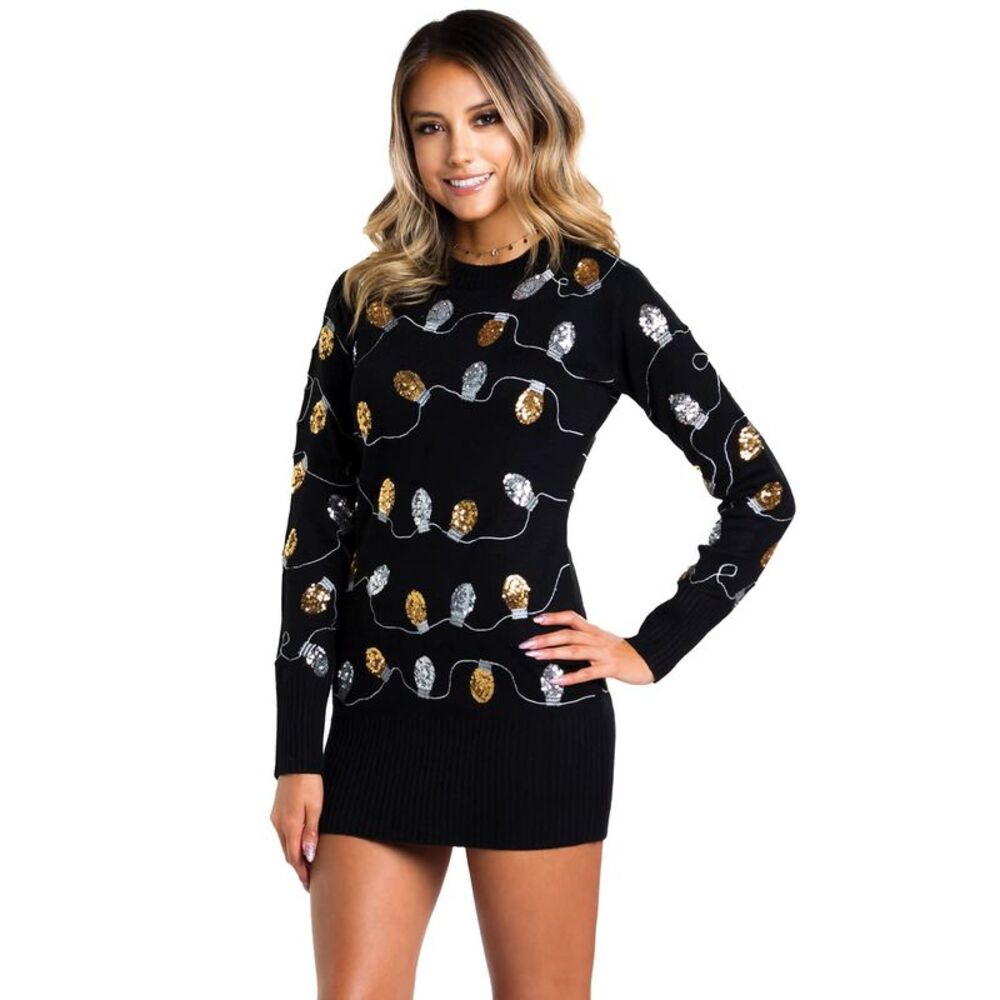 Tipsy Elves Womens Christmas Lights Ugly Sweater Dress - Black Tacky Sweater
